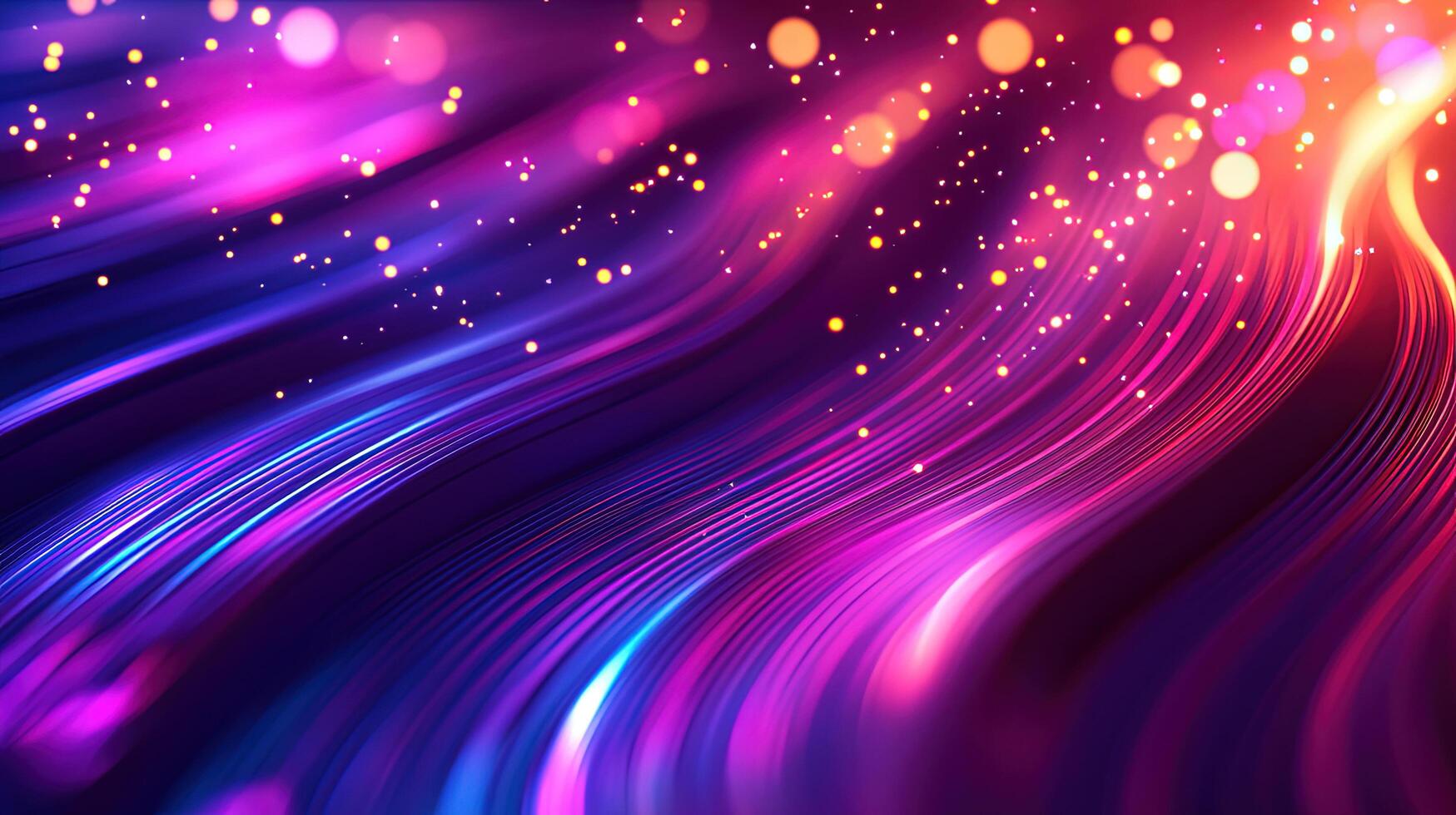 Curving vibrant lines of blue and magenta create an abstract background illuminated with golden bokeh photo