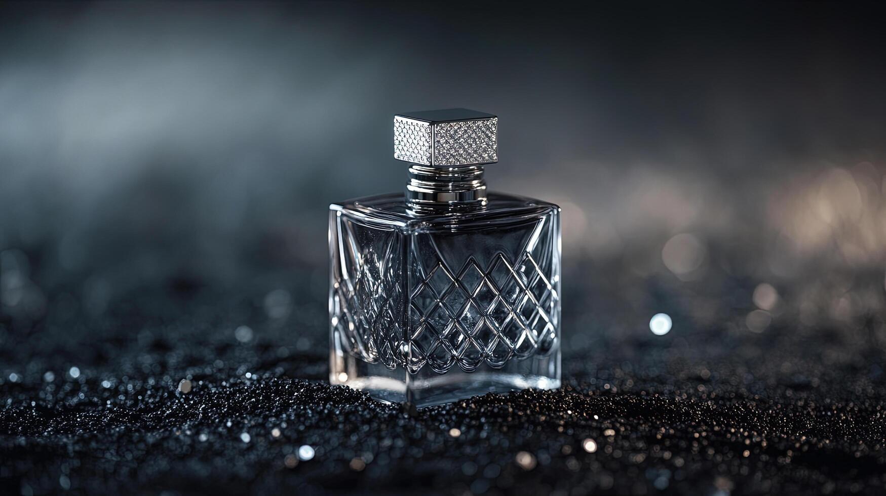 Crystalcapped glass bottle exhibits its angular design while resting on sparkling black granular surface under moody lighting photo
