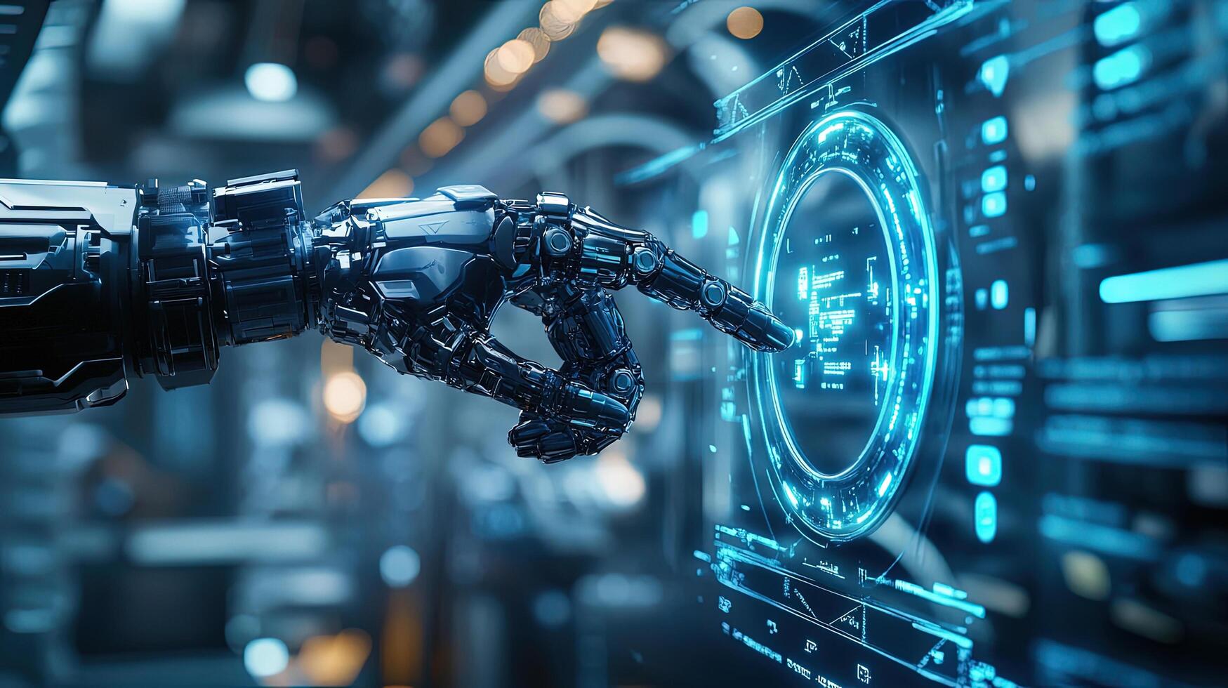 Metallic robotic arm interacts with a luminous digital interface, projecting future technology in cool tones photo