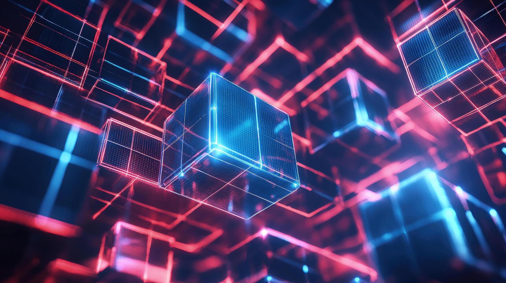 Wireframe blue cube hovers above glowing red box structures creating an abstract pattern photo