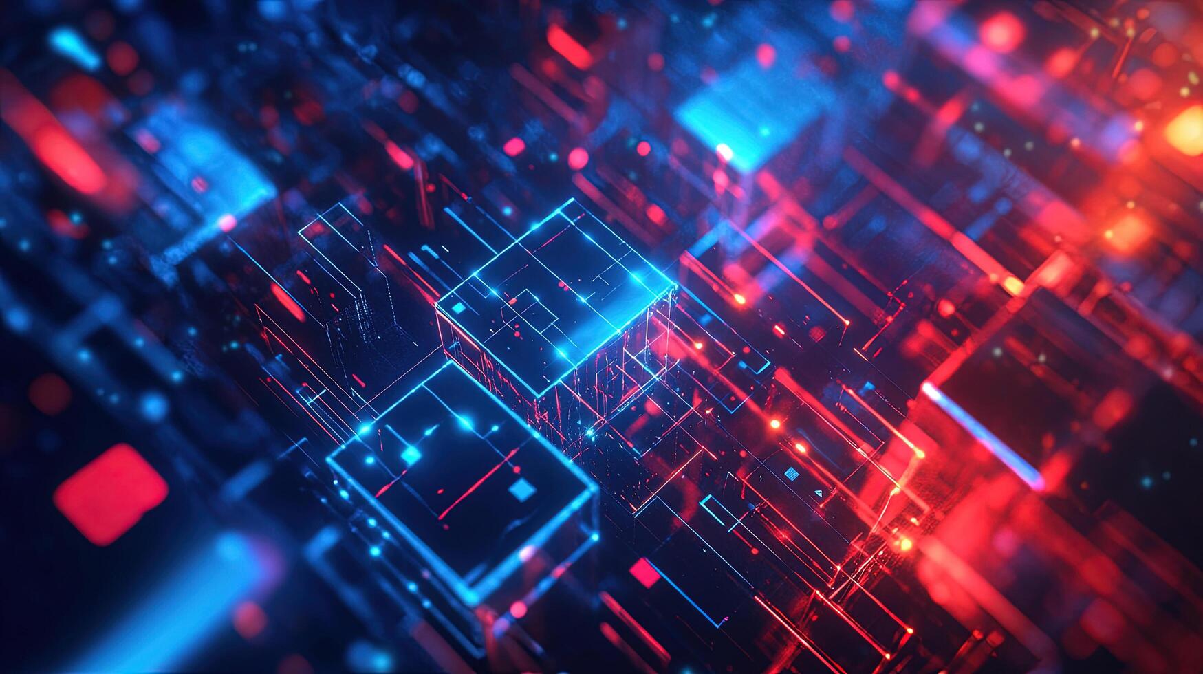 Glowing digital network with abstract blue and red lines illustrates a technology connection photo