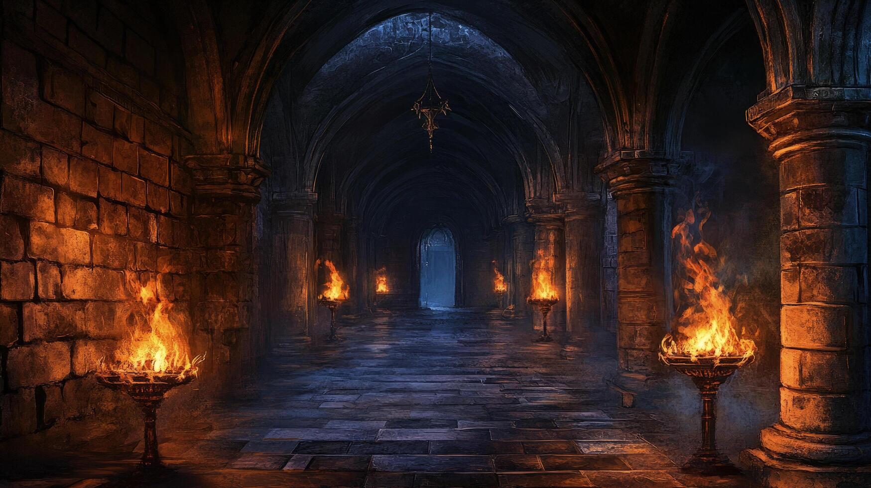 Torchlight illuminates the dark stone hallway arches and columns, creating a moody corridor atmosphere photo