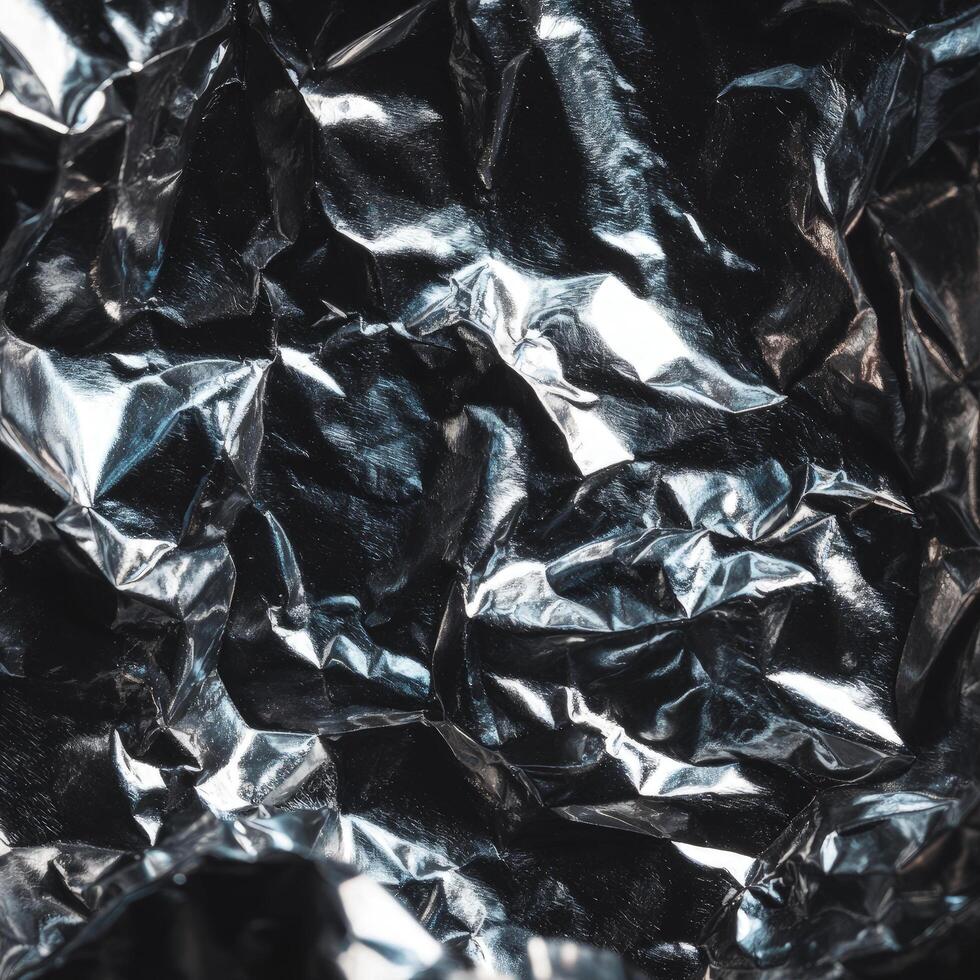 Metallic foil appears strikingly wrinkled and reflects light, creating dynamic patterns and textures photo