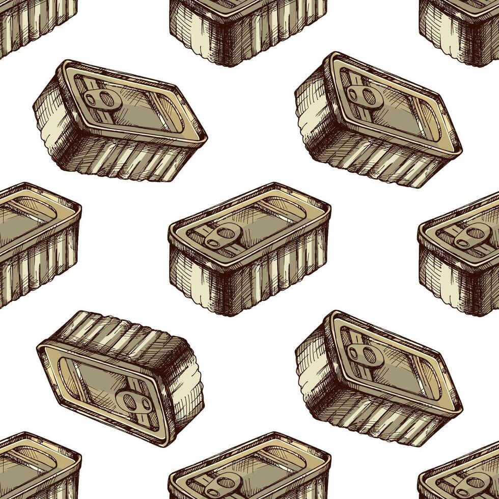 Hand drawn seamless pattern of metal food can with pull tab lid in rustic engraving style vector