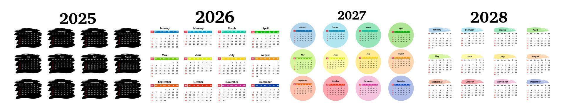 Set of vertical calendars for 2025, 2026, 2027 and 2028 isolated on a white background. Sunday to Monday, business template. Fine illustration vector