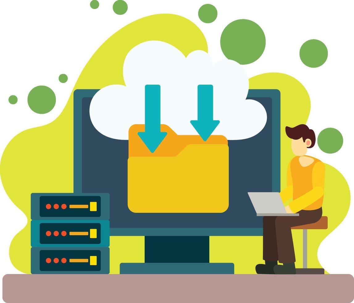 Man downloads data from cloud Illustration. Cloud data download illustration vector
