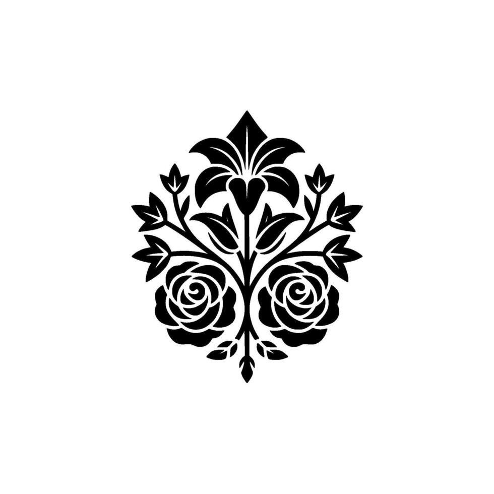 A symmetrical floral crest with intricate rose and lily motifs arranged in an elegant ornamental isolated on a clean background vector