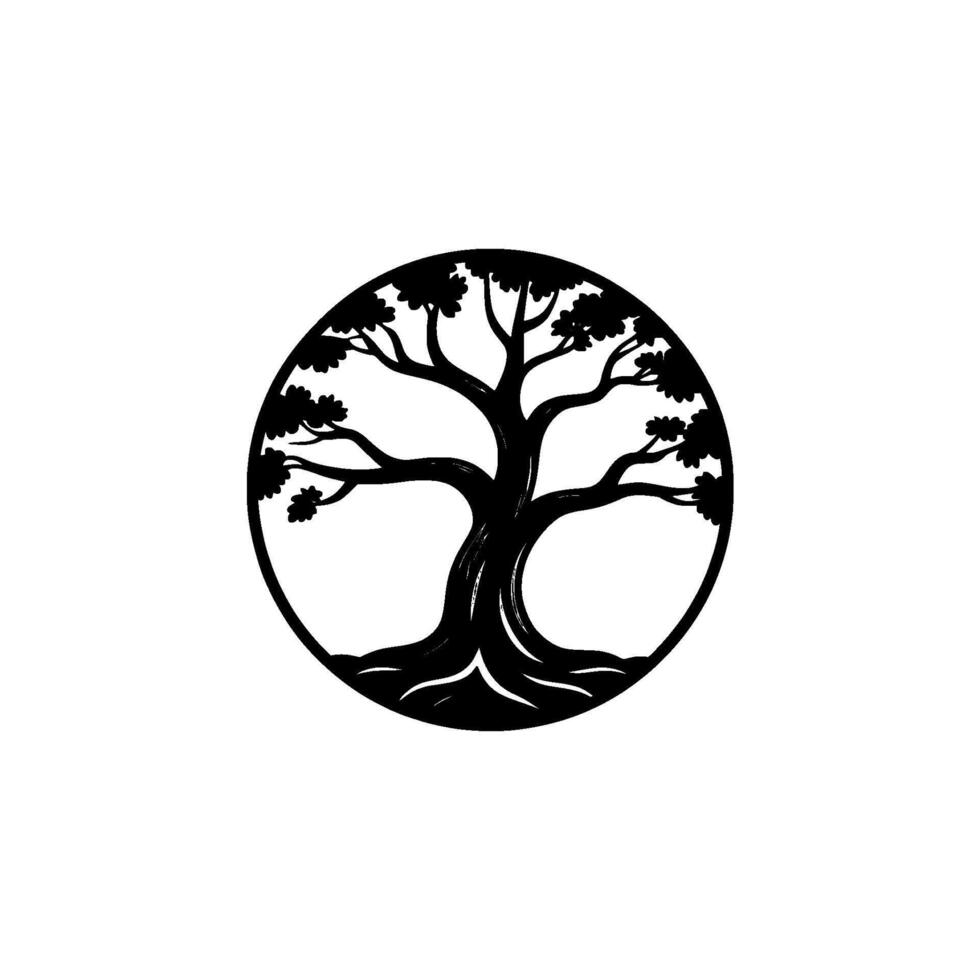 silhouette of an ancient gnarled tree with spreading branches and detailed roots contained within a circular frame against a soft gradient background vector