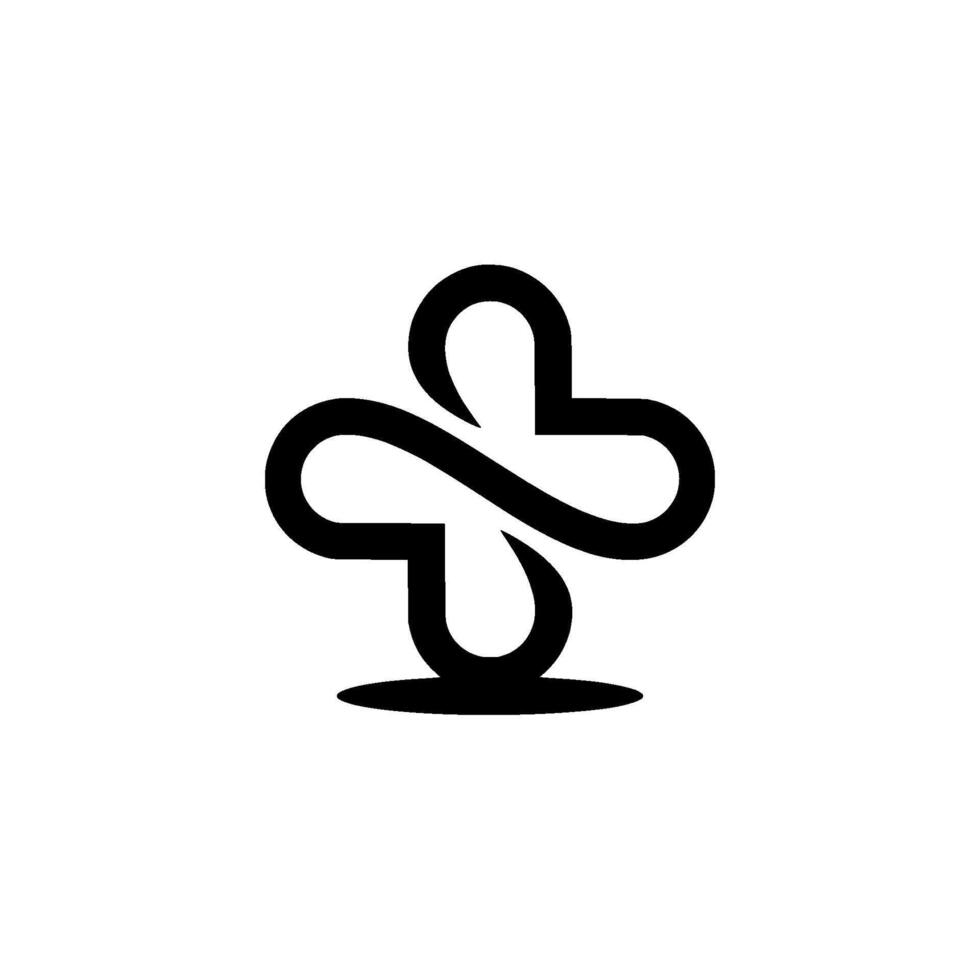 un minimalista resumen presentando un continuo fluido línea creando un estilizado médico cruzar forma con un sutil infinito lazo elemento y un conectado a tierra base en un limpiar antecedentes vector