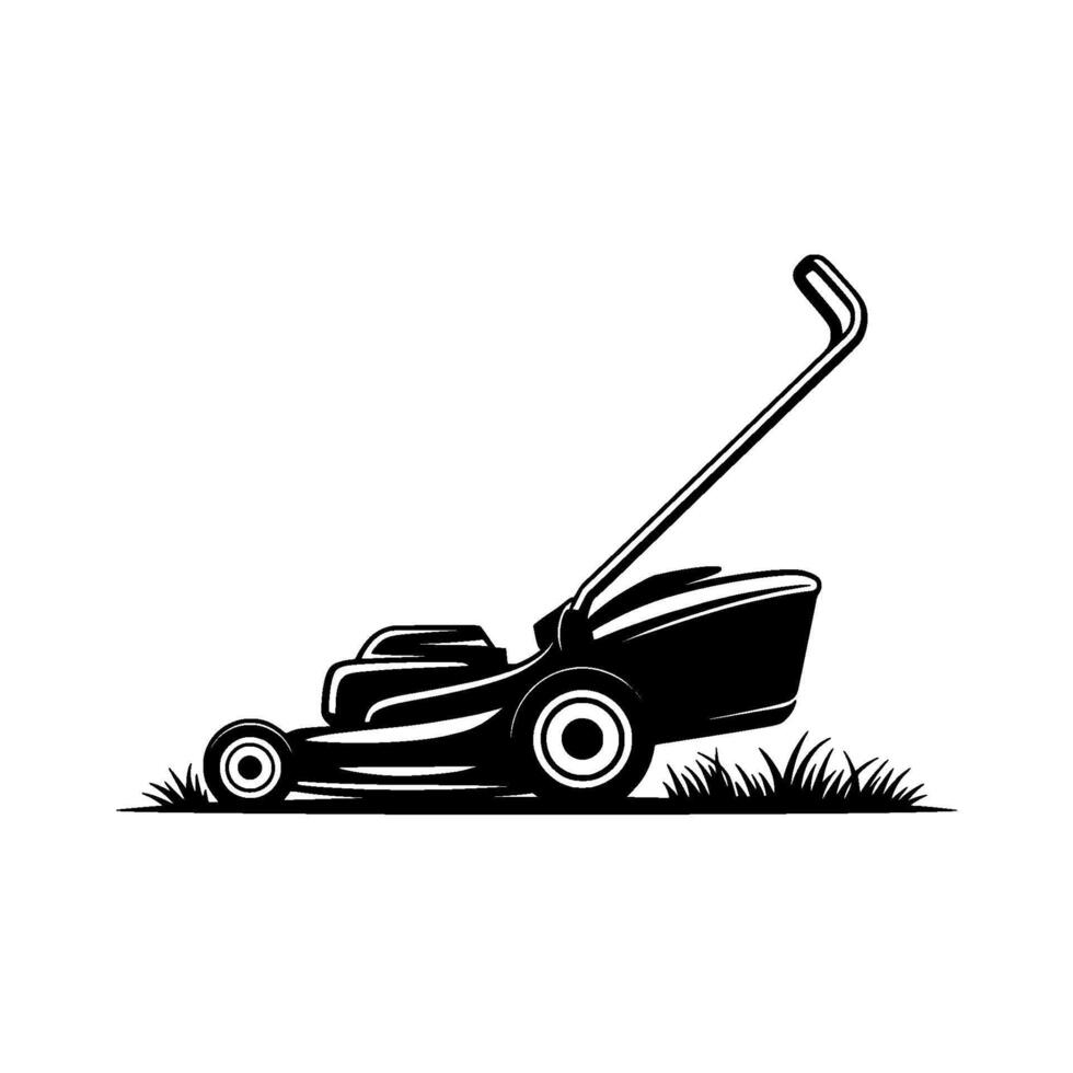 A stark silhouette of a modern lawn mower with a curved handle set against a clean background with a few blades of grass vector