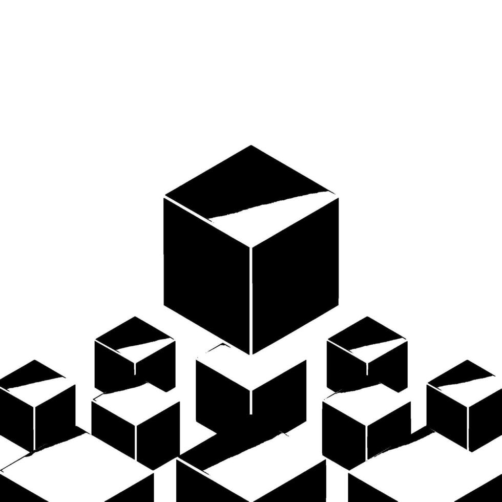 A minimalist D abstract composition featuring a central large cube hovering over a smaller cube with a subtle gradient on a light gray background suggesting depth and arrangement vector