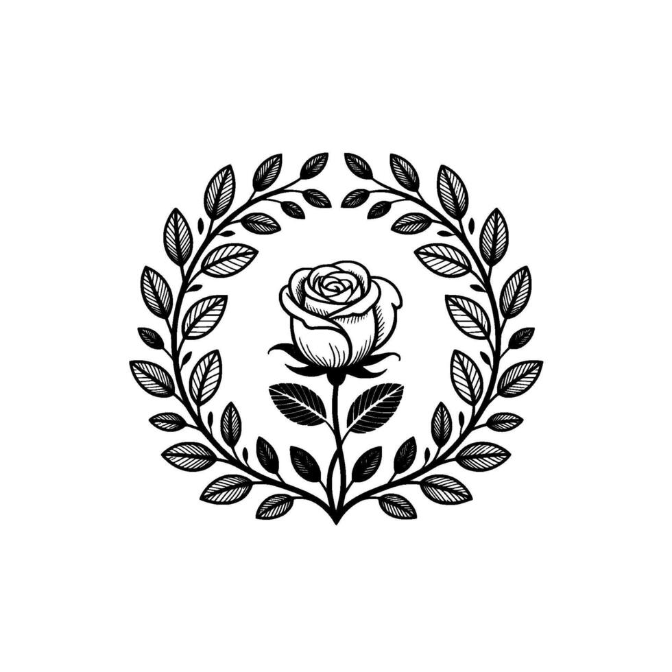 A delicate line art illustration of a single blooming rose centered within an ornamental circular laurel wreath frame with detailed leaf patterns vector
