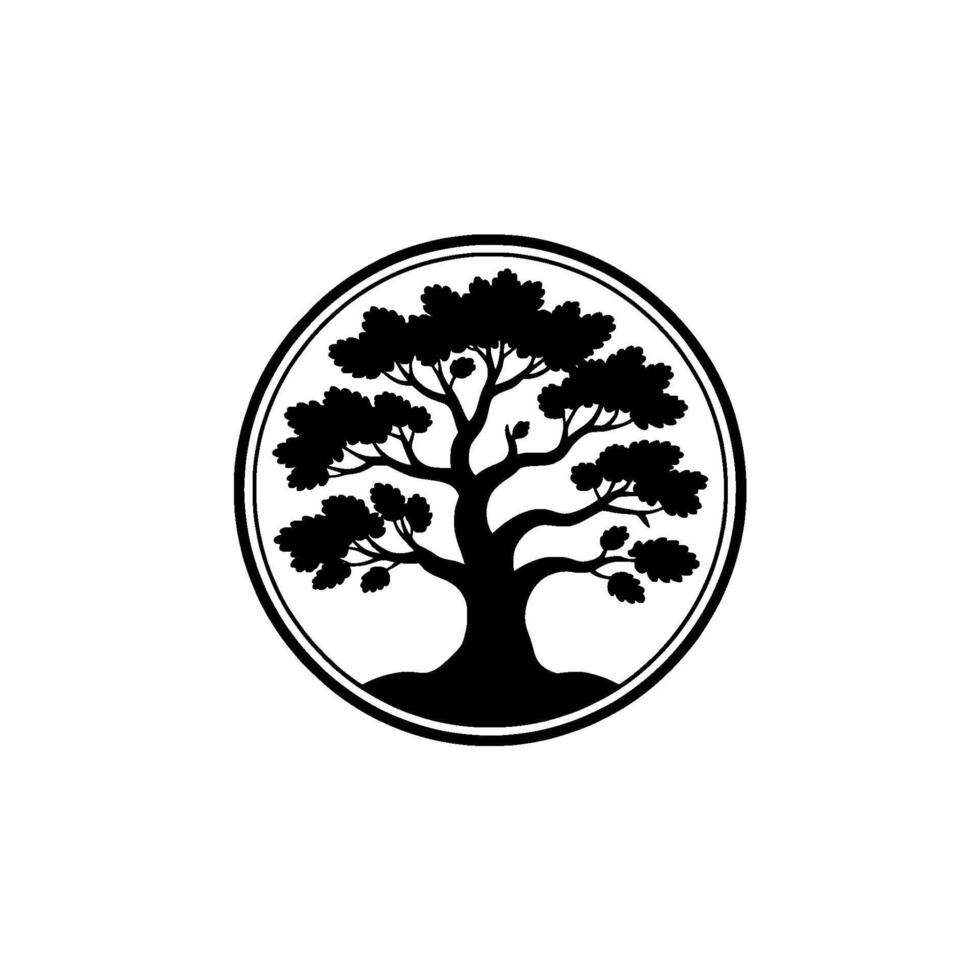 A stylized silhouette of a majestic oak tree with full foliage contained within a clean doublelined circular border on a light gray background vector