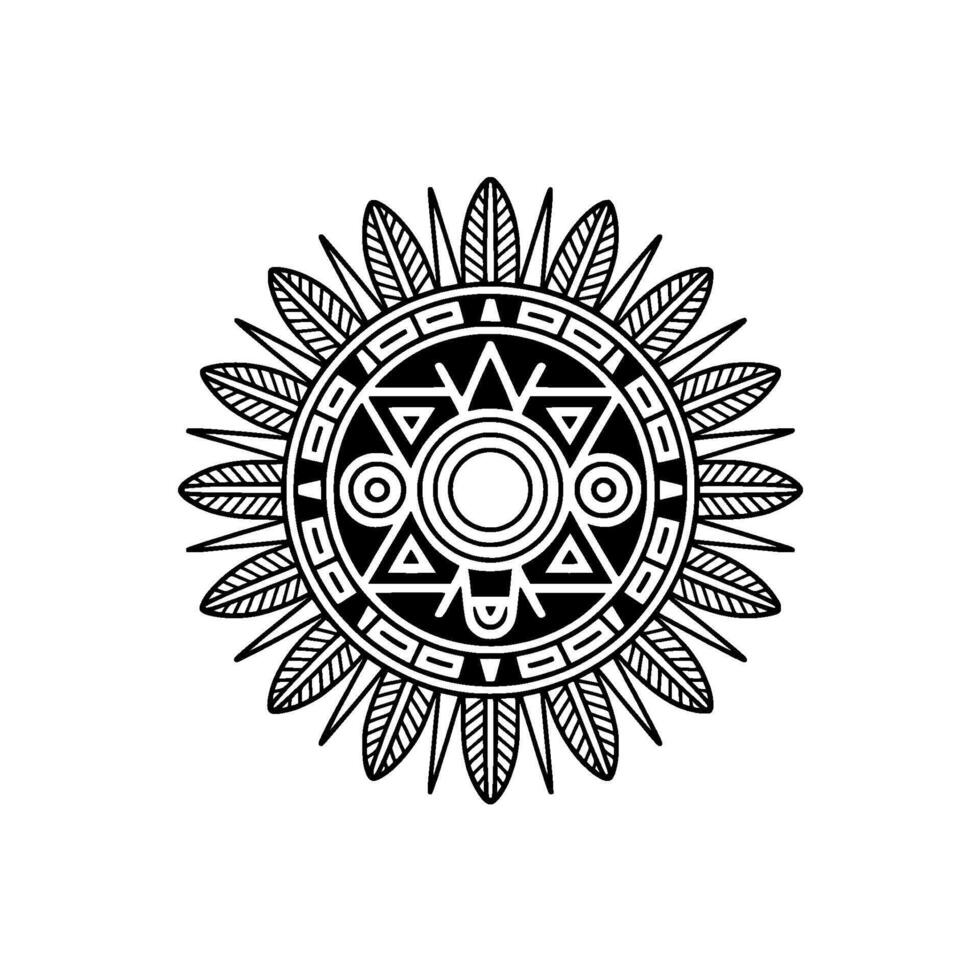 A detailed illustration of a circular Aztec sun stone calendar symbol with intricate geometric patterns and featherlike embellishments set against a neutral light gray background vector