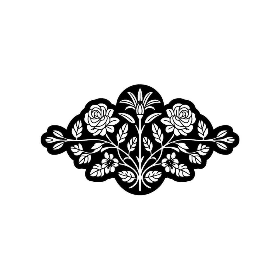A sophisticated monochromatic illustration of a symmetrical floral crest featuring detailed roses and smaller blossoms against a stark background with a subtle outline on a clean backdrop vector