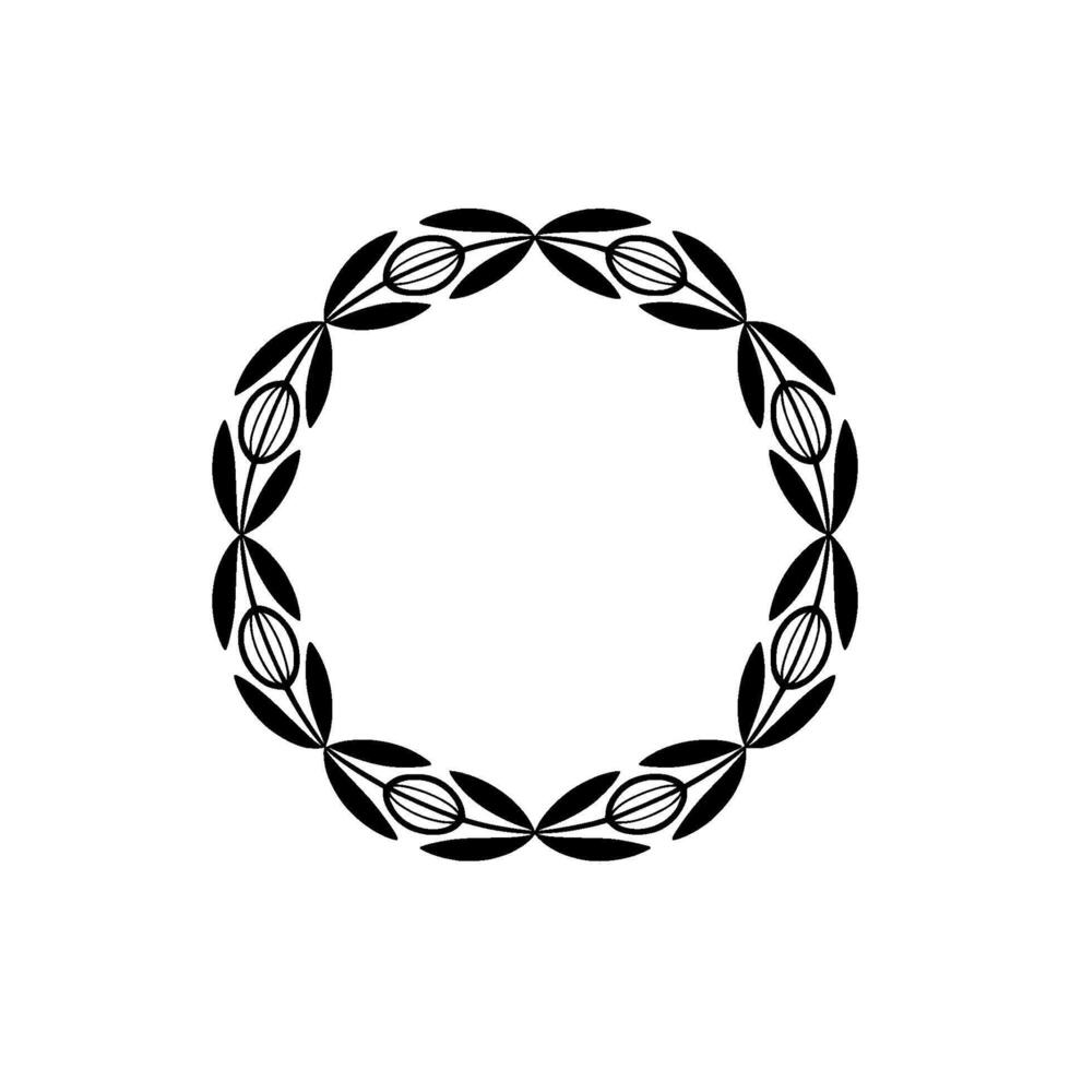 A minimalist decorative circular frame composed of stylized oval seed pods nestled between pointed leaf shapes arranged on a muted off background vector