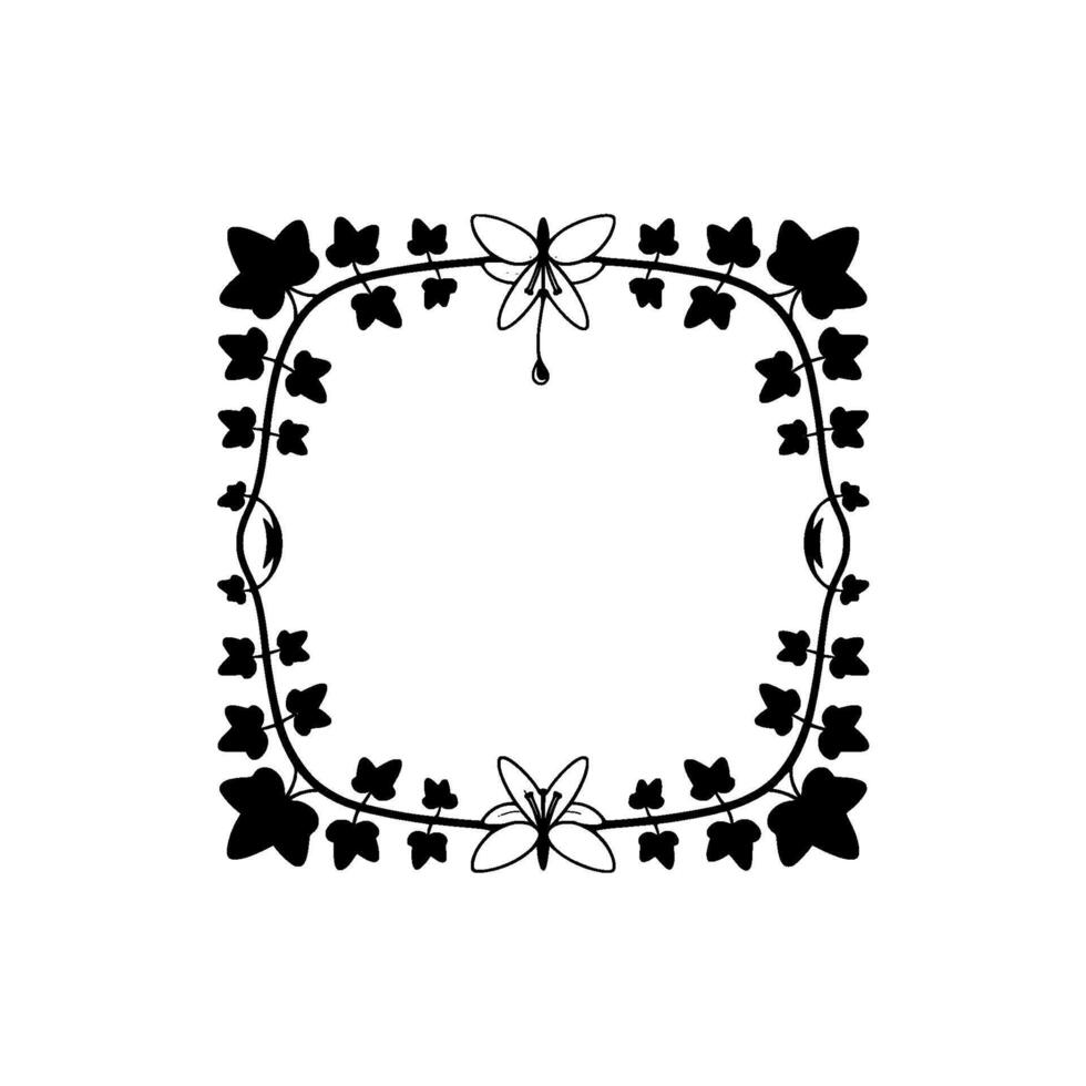 Stylized decorative square frame with ivy leaves and delicate butterflies in a simple minimalist art style vector