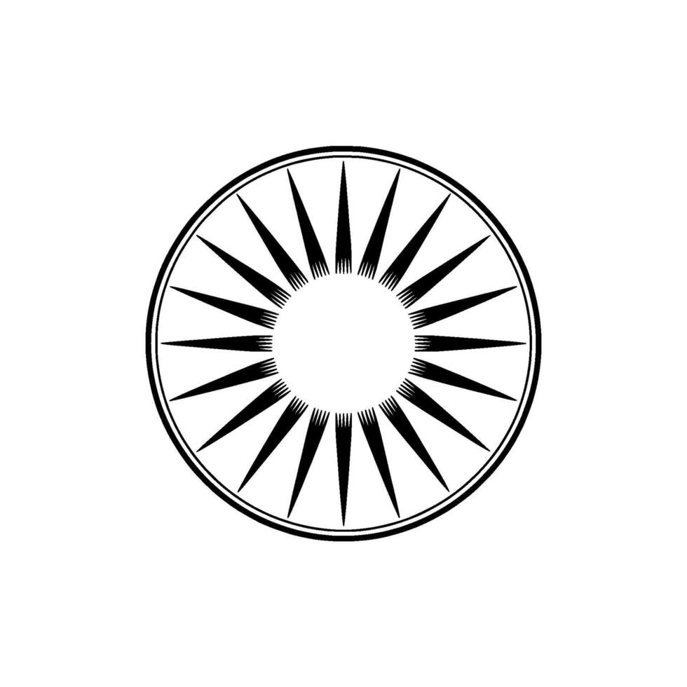 A sharp geometric sunburst symbol with radiating triangular rays and a fine fringe detail at its core set within a double circular border on a plain background vector