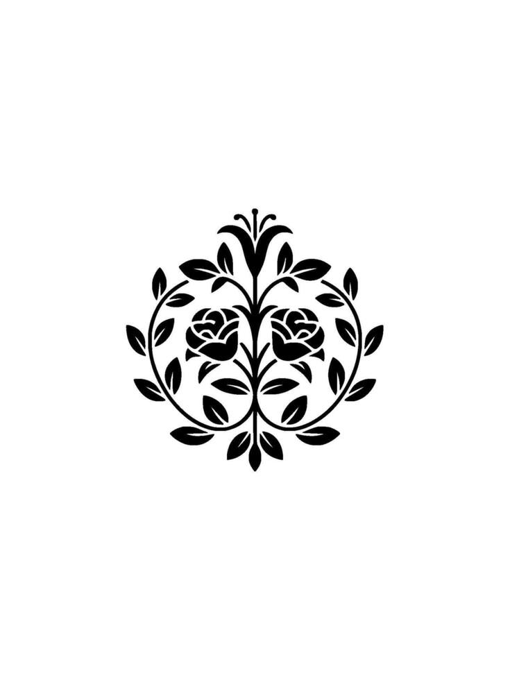 A stylized floral ornament featuring two symmetrical roses and a central lily bloom with branching leaves creating a circular motif against a pale textured background vector