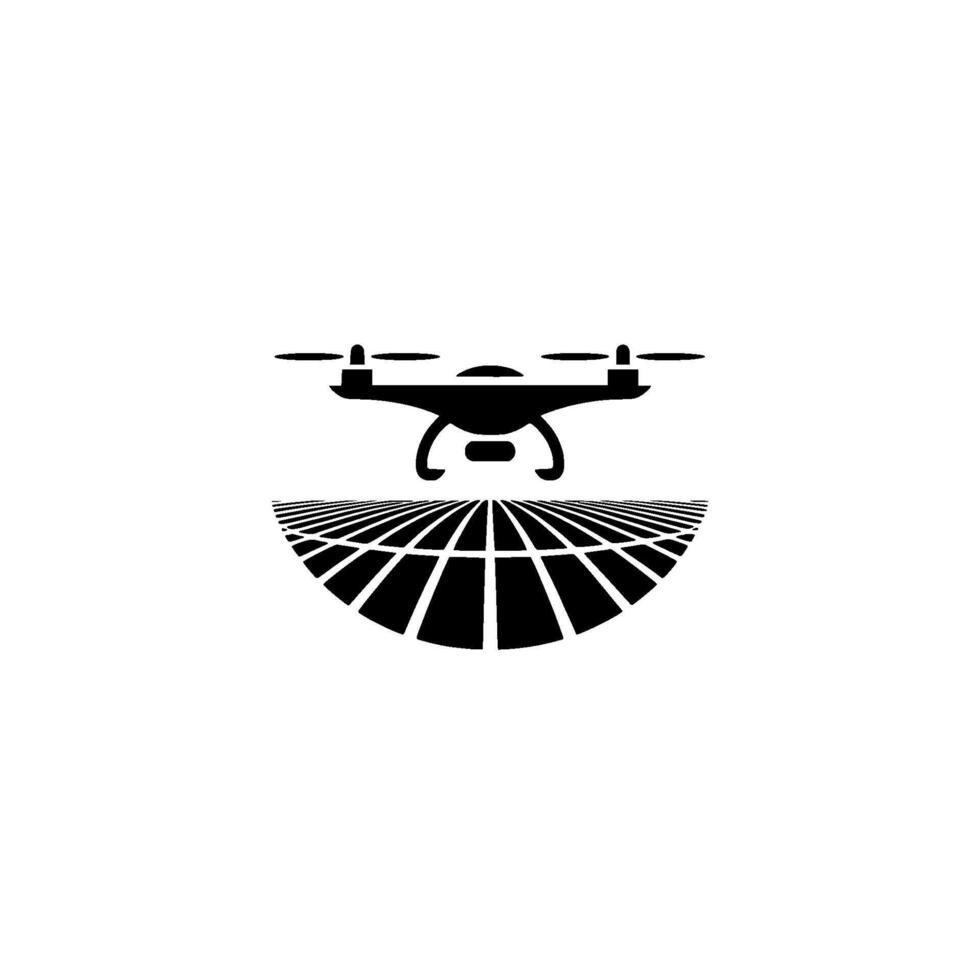 Minimalist silhouette of a modern quadcopter drone hovering above a stylized abstract representation of a globe with grid lines signifying global connectivity and aerial surveillance technology vector