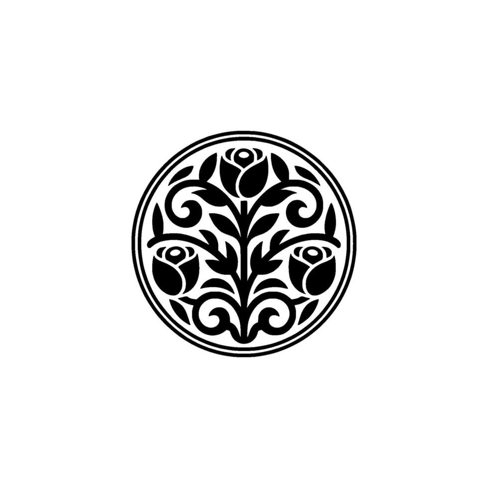 A silhouette emblem featuring four stylized roses and swirling floral vine elements enclosed within a clean circular border on a light gray background vector