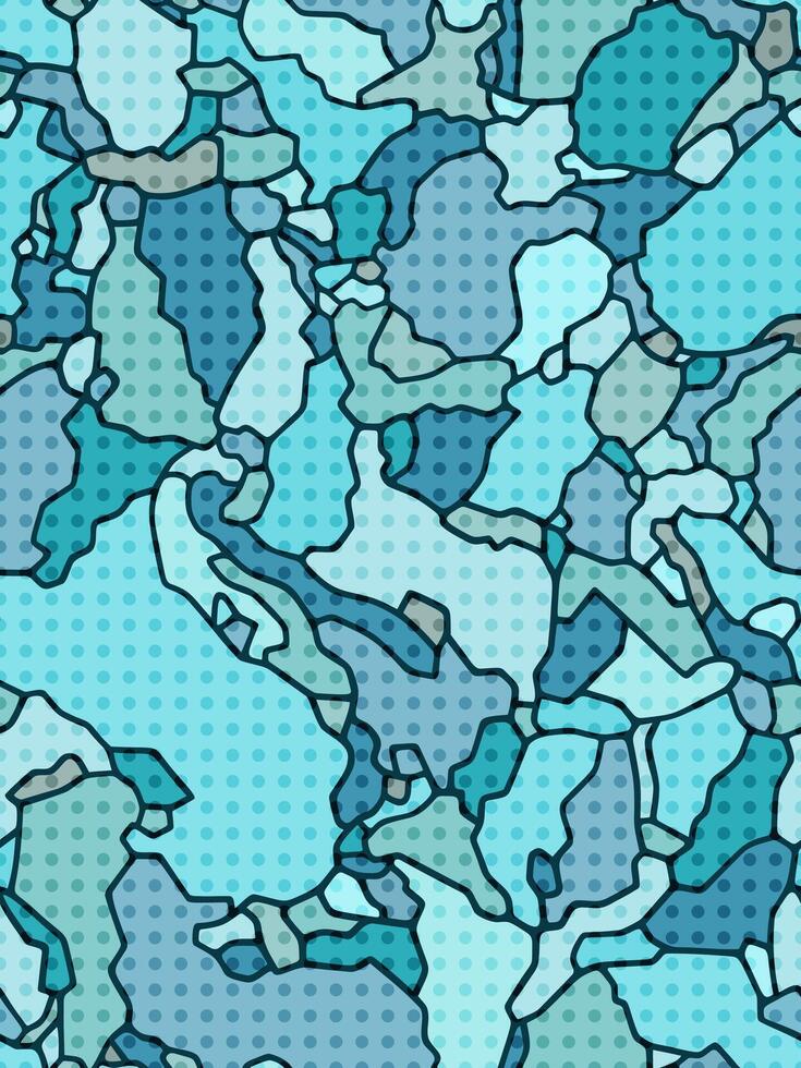 Bold abstract seamless pattern in cool blue tones with dark outline and halftone dot texture overlay vector