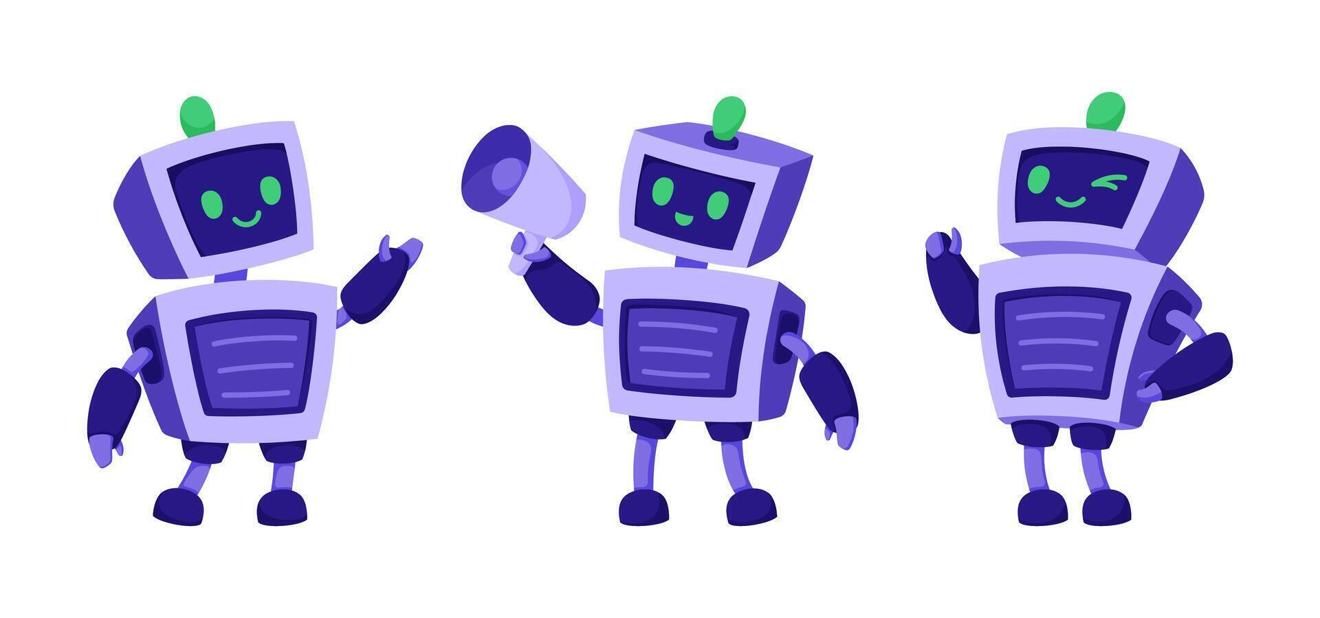 Set of adorable AI robot characters in different poses. Friendly artificial intelligence vector