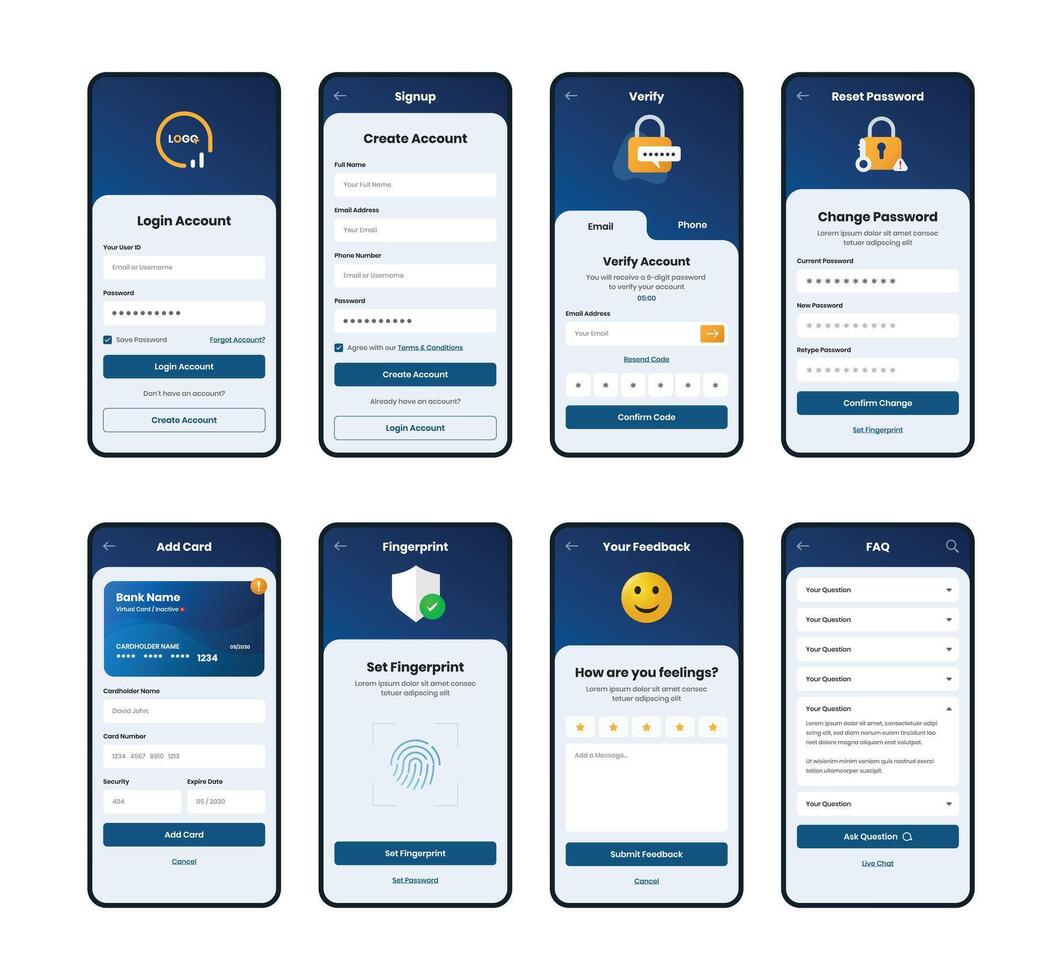 Mobile App UI Kit for Banking and Finance, Authentication, Security, Payment, FAQ Templates vector