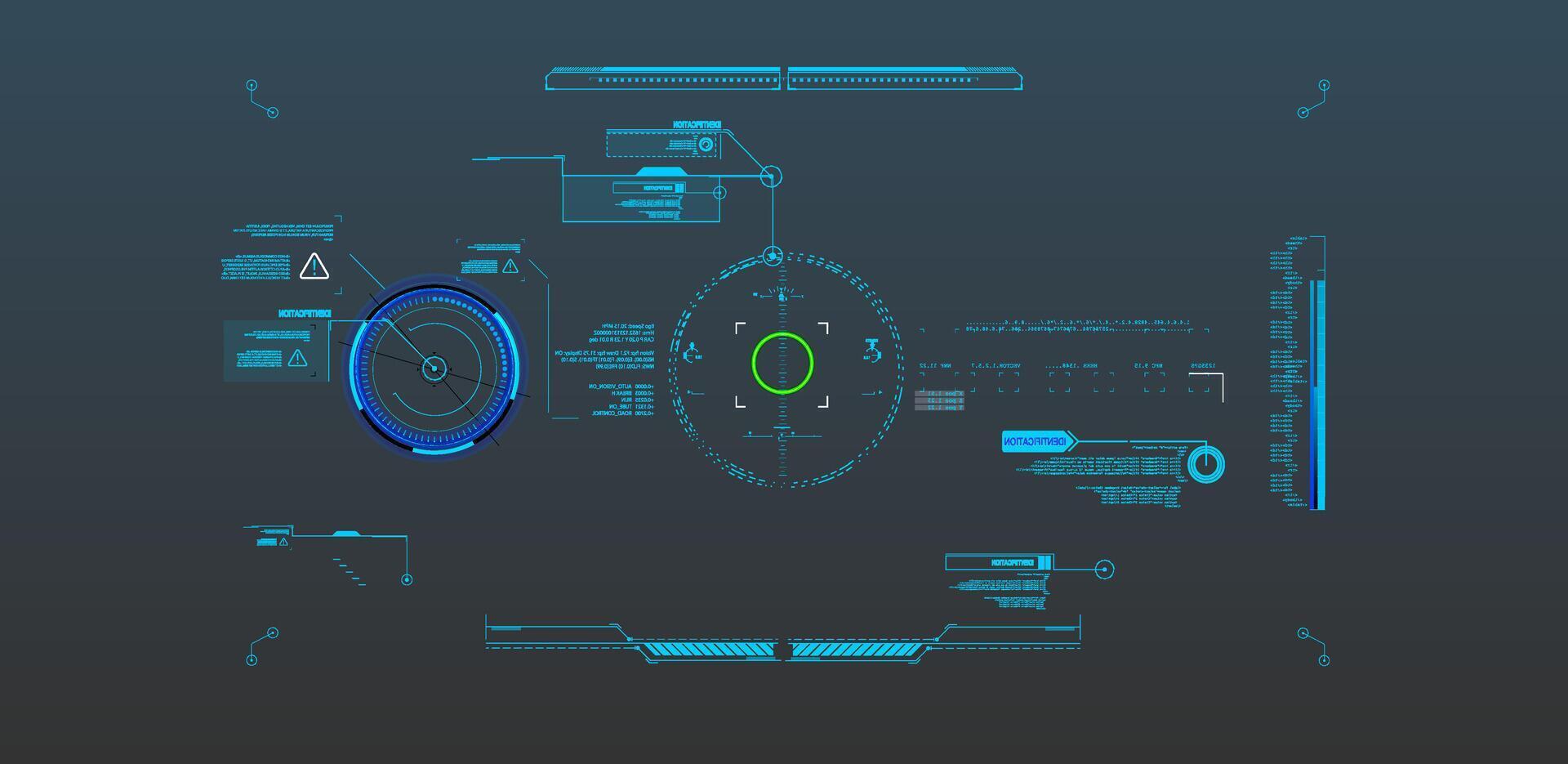 A high-tech digital interface features glowing blue and green elements. It includes circular displays, warning symbols, and data readings, creating a sci-fi atmosphere. vector