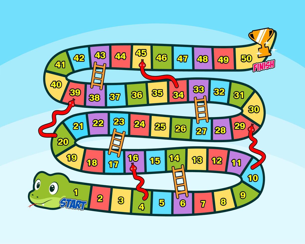 snakes and ladders board game with numbered path template design vector
