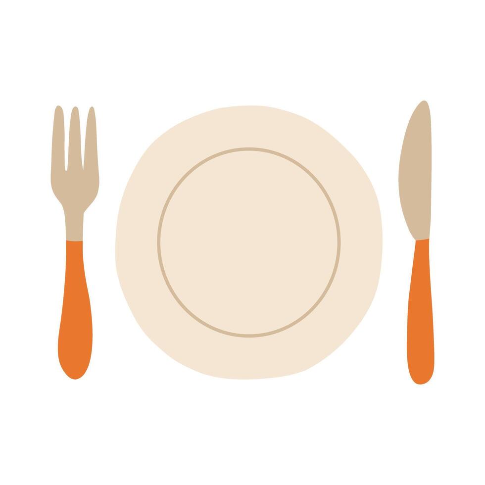 A plate with a fork and knife on it. The plate is white and the fork and knife are orange vector