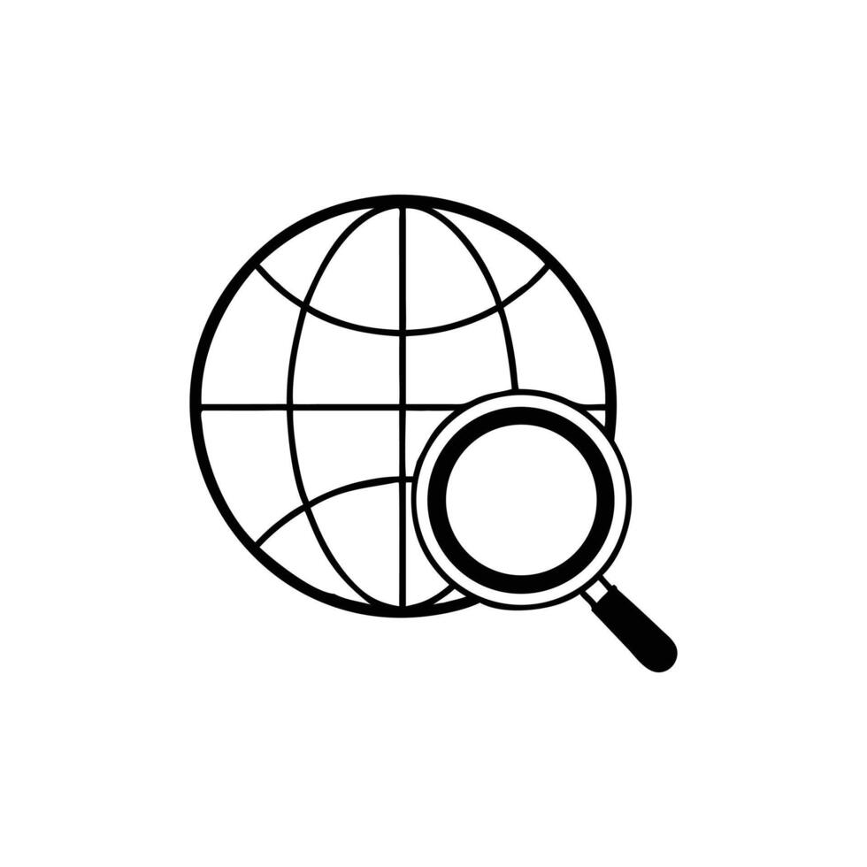 Globe with Magnifying Glass in Black and White on Transparent Background vector