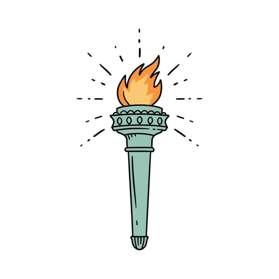 Hand-drawn flaming torch illustration with decorative elements and radiating light vector