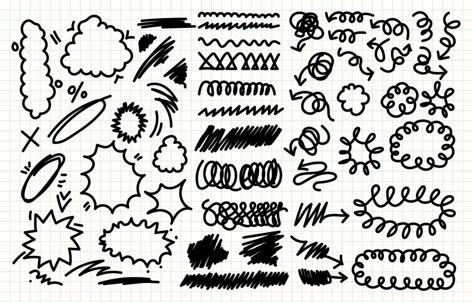 collection of Hand drawn brush stroke highlight speech bubble cloud and sparkle arrow element in childish drawing in various style vector