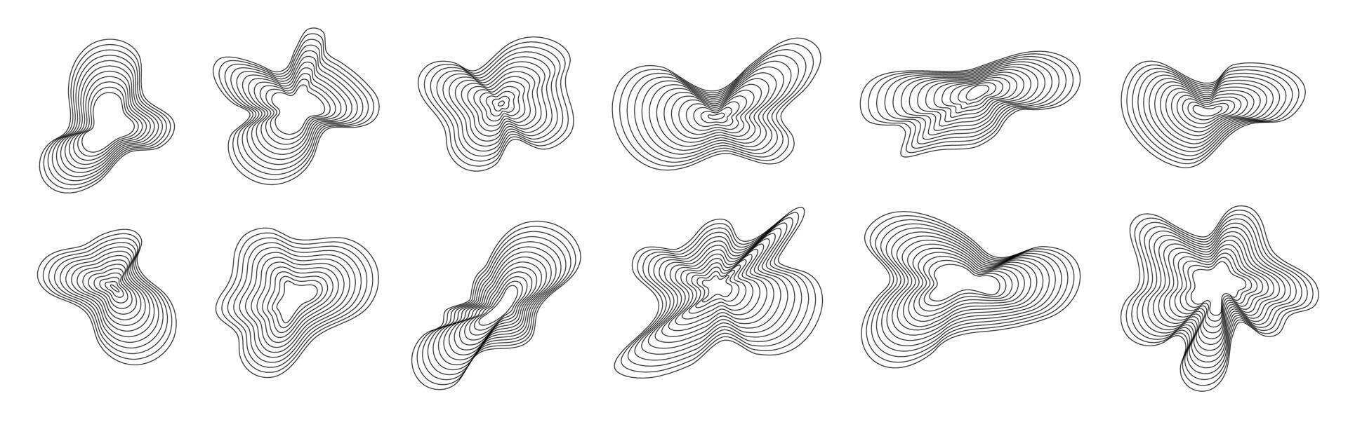 Dynamic wavy line shapes. Abstract organic amorphous wave shape with ripple, simple pattern fluid. Sound pulse graphic 3d spectrum. Digital spiral blob, black blend liquid effect. set vector