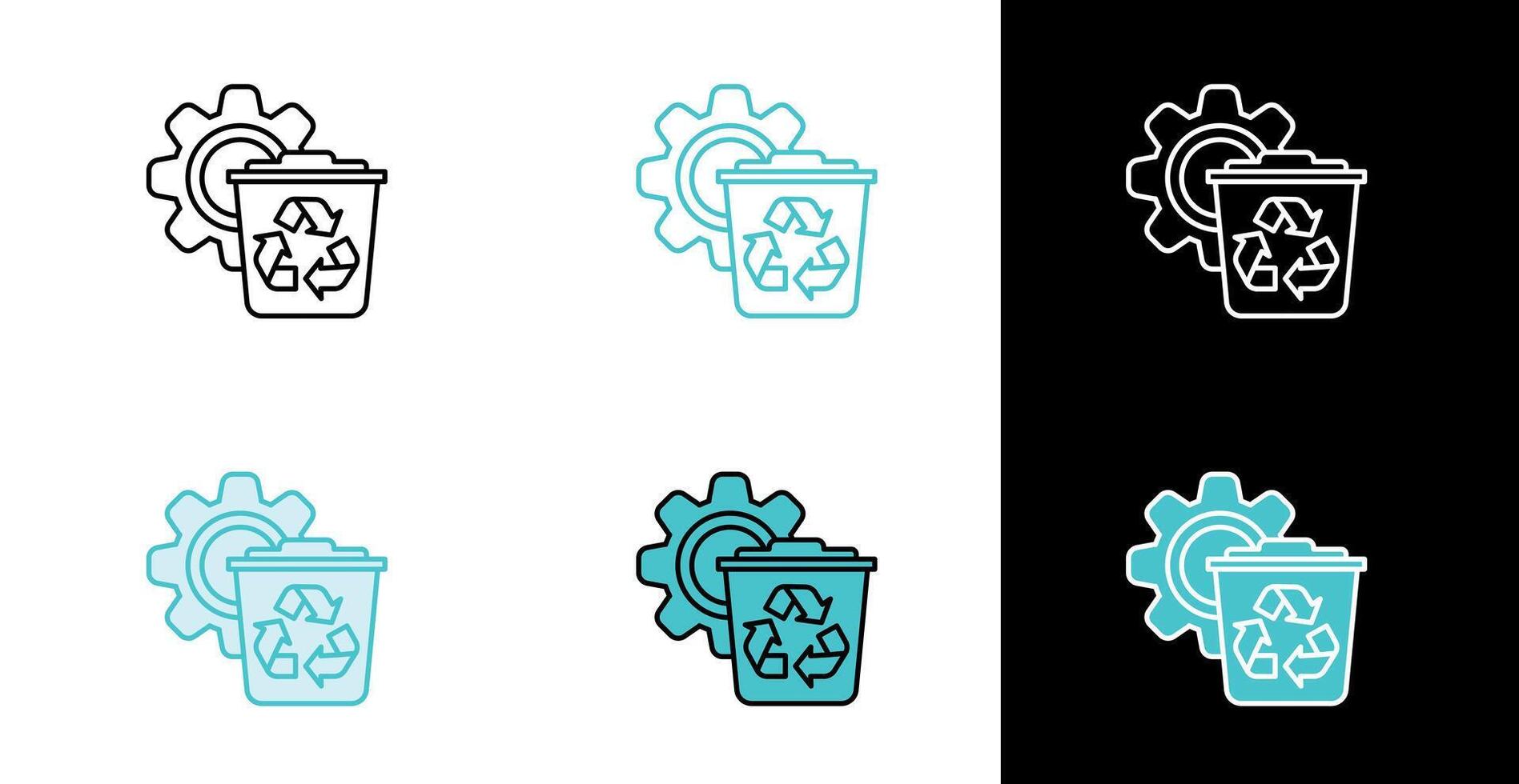 Recycling process gear and trash can icon for waste management in line and fill style vector