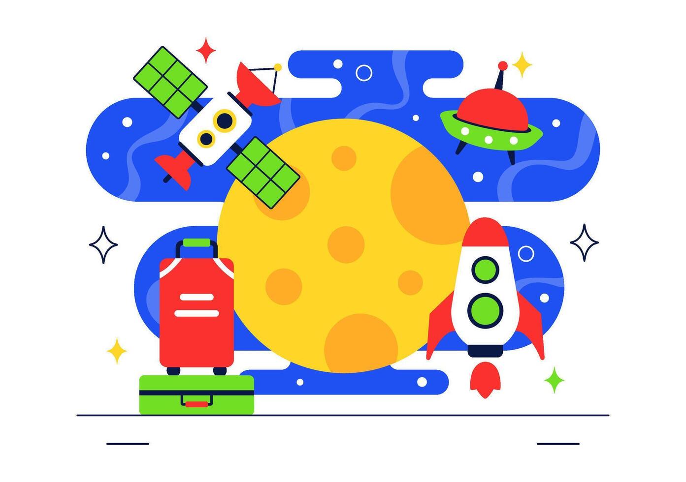 Space Tourism Illustration with Tourists Traveling by Rocket and Exploring Planets in Outer Space vector