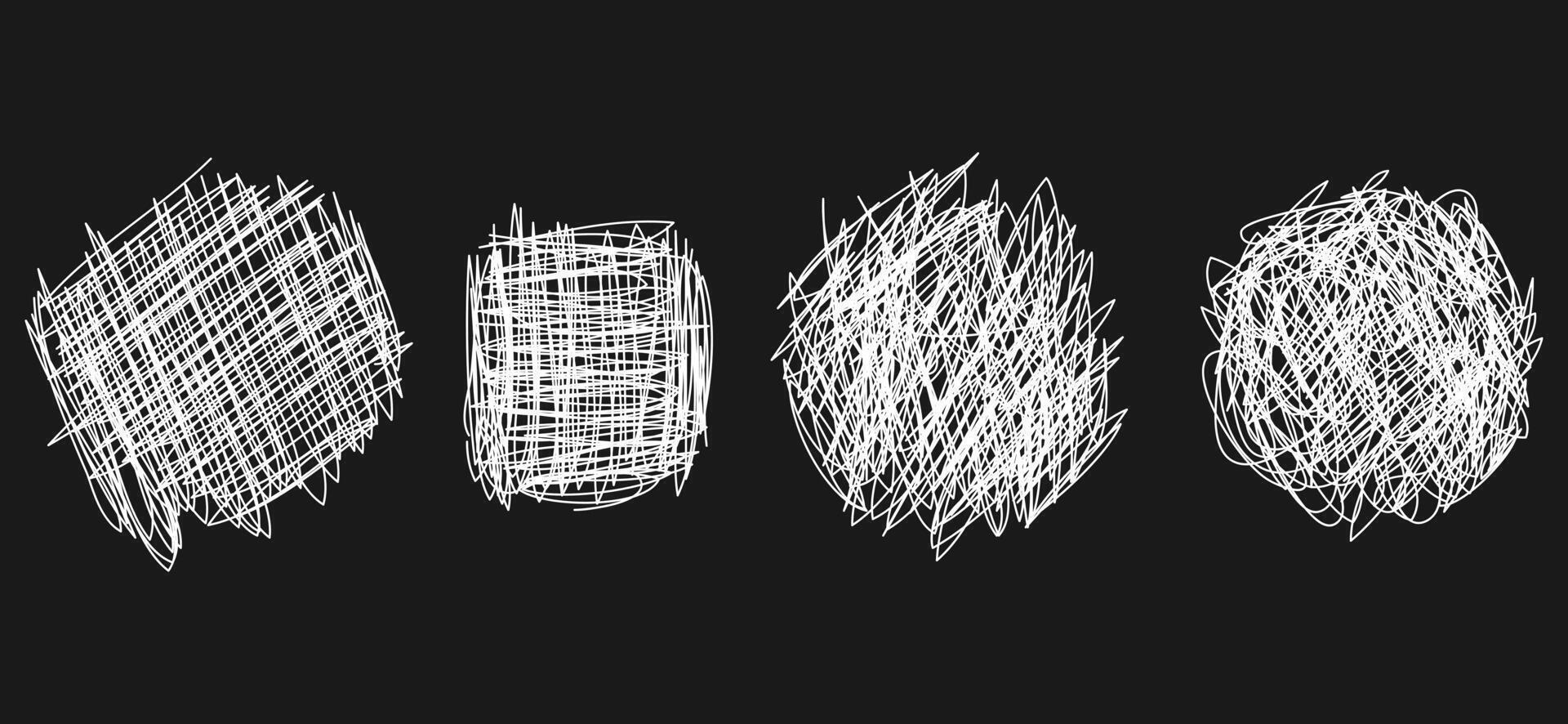 Set of hand drawn scribble sketch circle object. Tangled grungy round scribble. isolated on black background vector