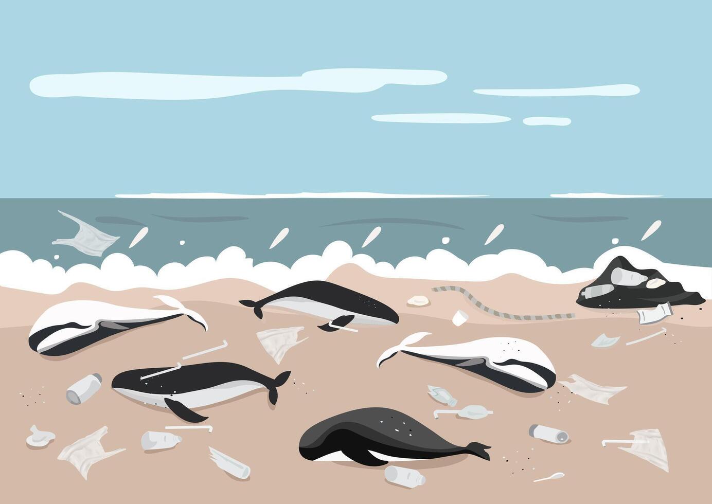 whales carcass stranded on beach with waste and plastic pollution around background vector