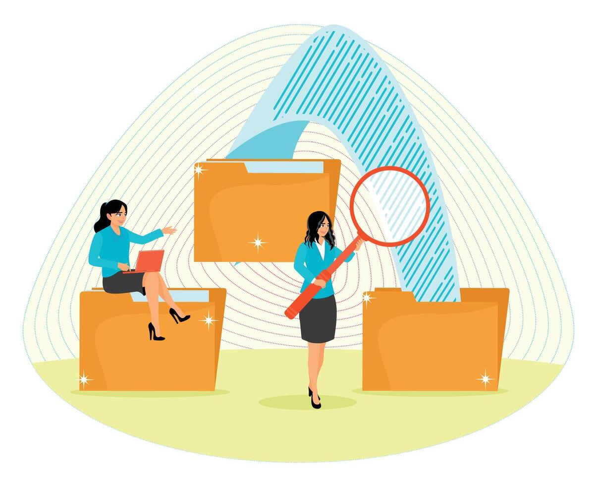 Document concept. Businesswomen Analyzing Document Data with Large Folders and Magnifying Glass. vector