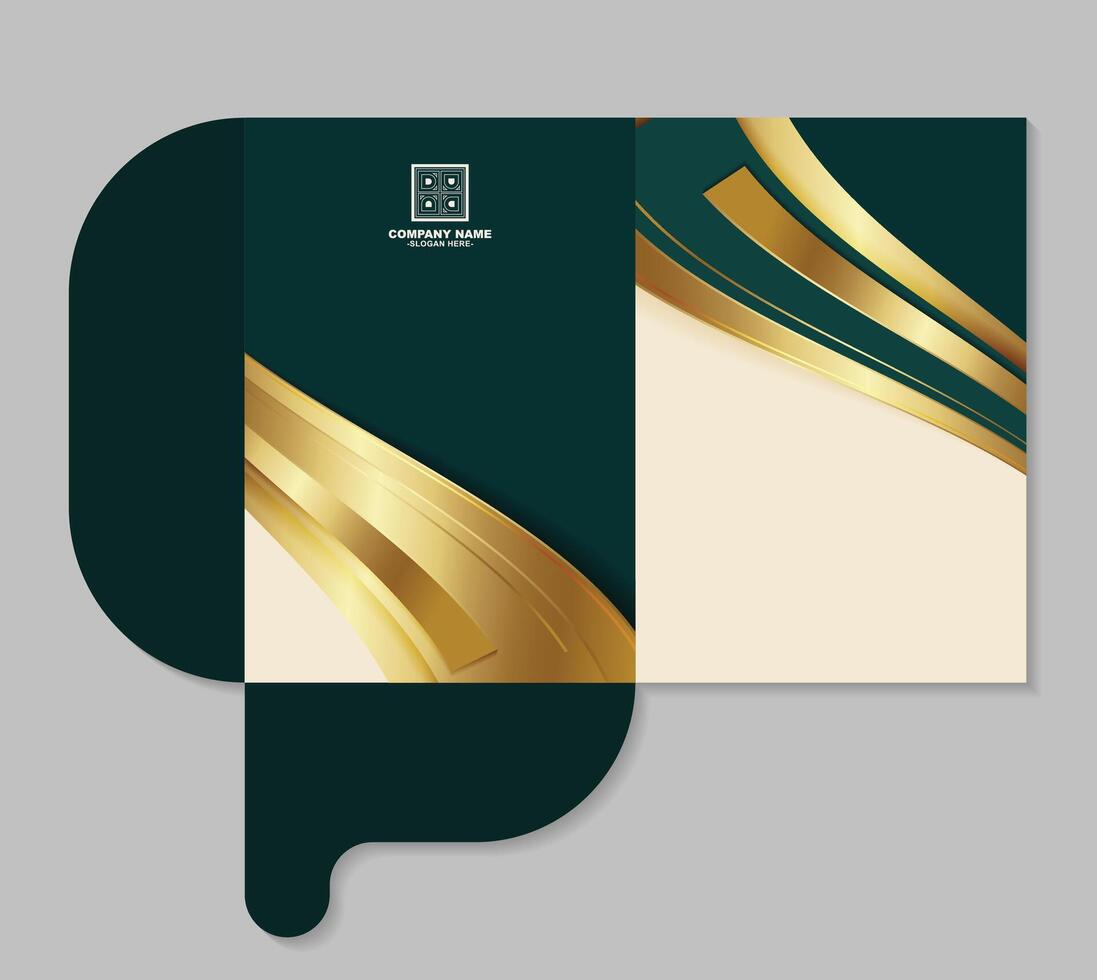 Elegant Curve Golden Shape Inside Dark Green Presentation Folder Design vector