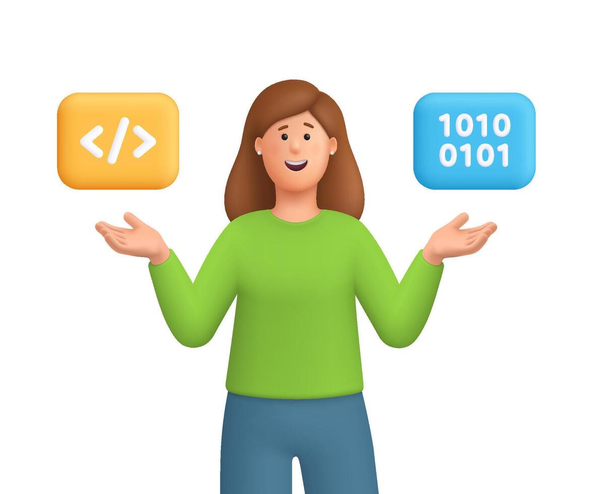 joven sonriente mujer Kate señalando a programación código y binario código símbolo. web desarrollo, programación idioma y codificación concepto. 3d personas personaje. dibujos animados mínimo estilo. vector
