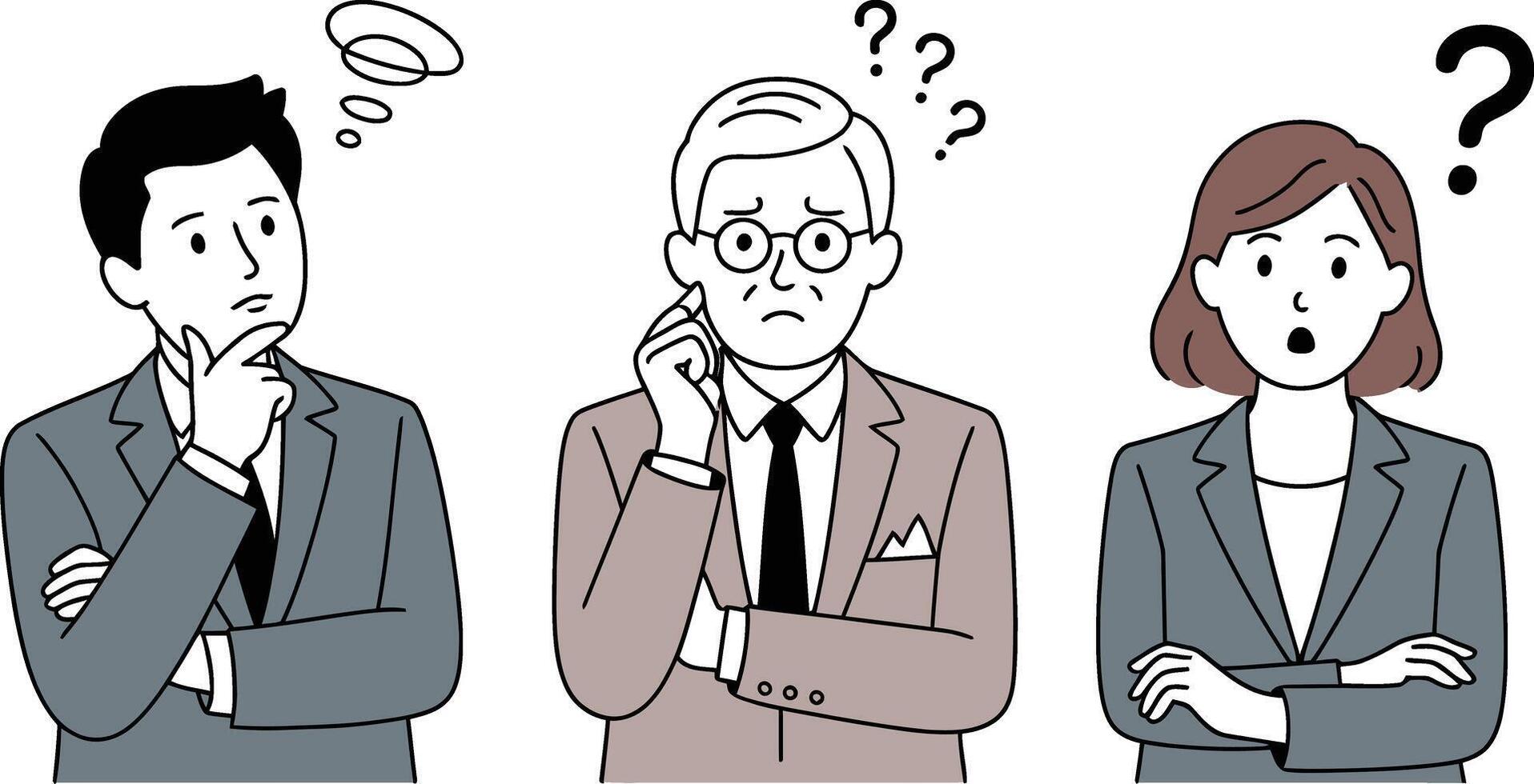 Diverse group of business professionals contemplating and confused with question marks vector