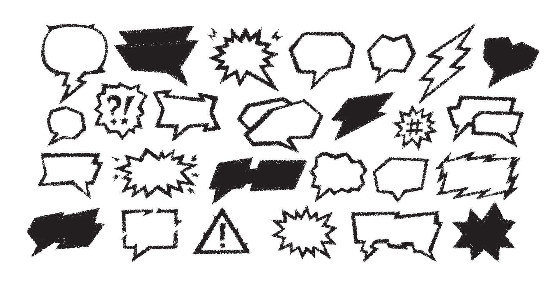 Crayon speech frame bubble set with text box in chalk style. Crayon speech chalkboard bg shows hand drawn dialog balloon, doodle chat cloud and japan handwriting cartoon line illustration. vector