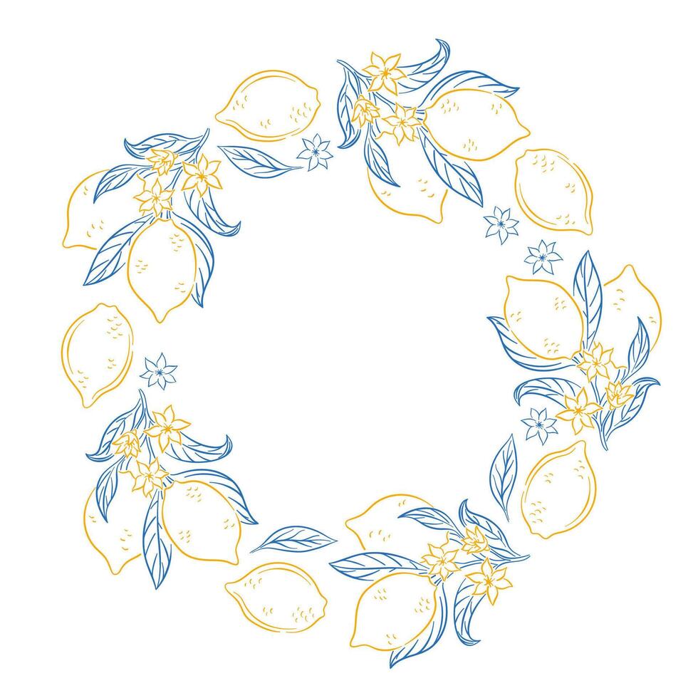 Hand drawn circular wreath frame with lemon, leaves and flower in yellow and blue line art style on white background with empty center space. vector