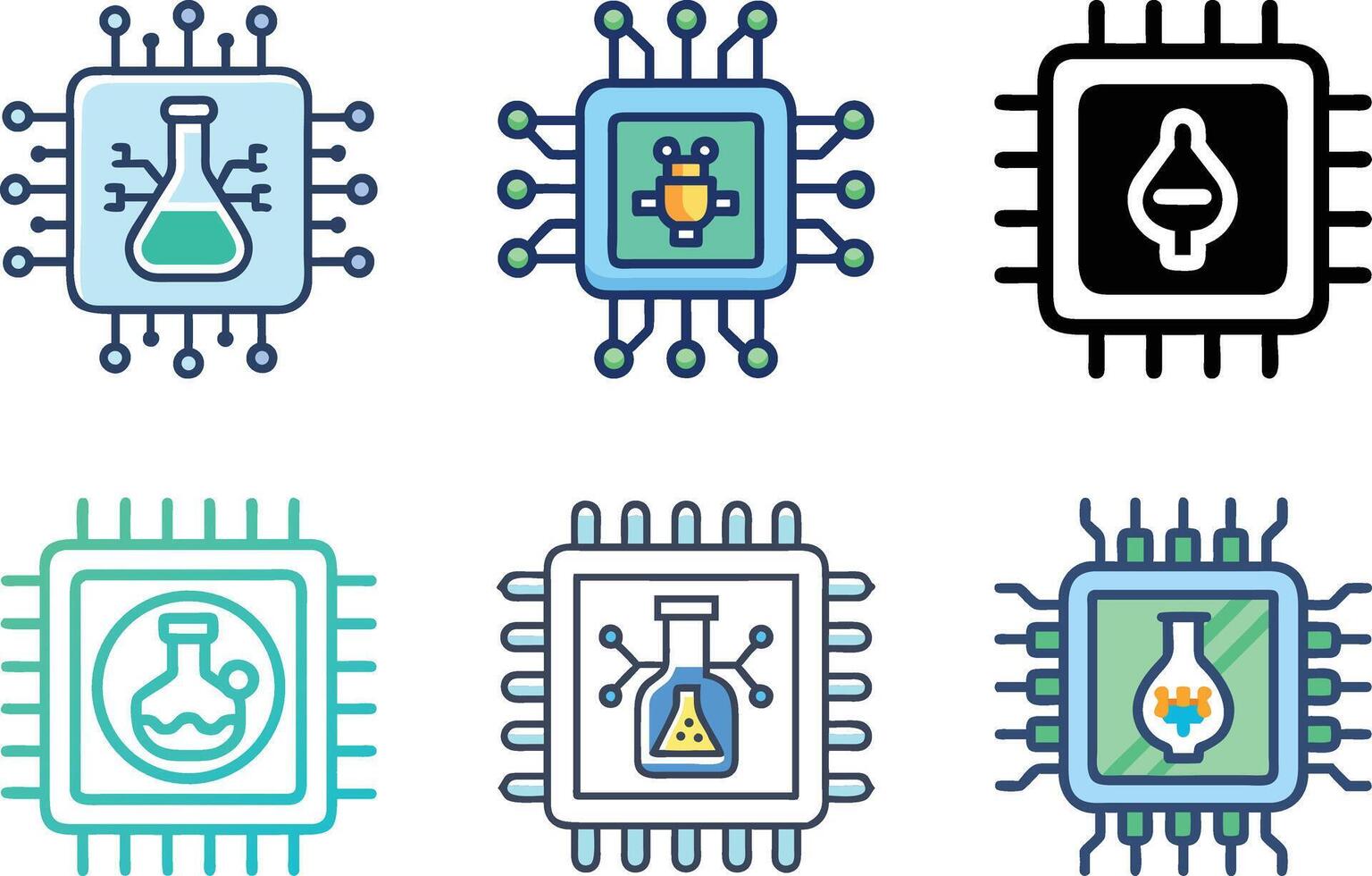 Visual representation of scientific computing, showcasing a chemical flask within a microchip for advanced research, biotechnology, and digital laboratory concepts vector