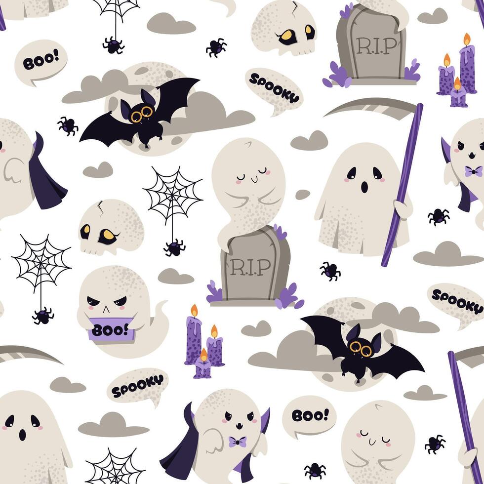 Halloween Seamless Pattern with Spooky Ghost Vampire, Grim Reaper, Tombstone, Bat and Skull Seamless Pattern. Repeat Background for Textile, Party Decor, Gift Wrap and Festive Design. vector