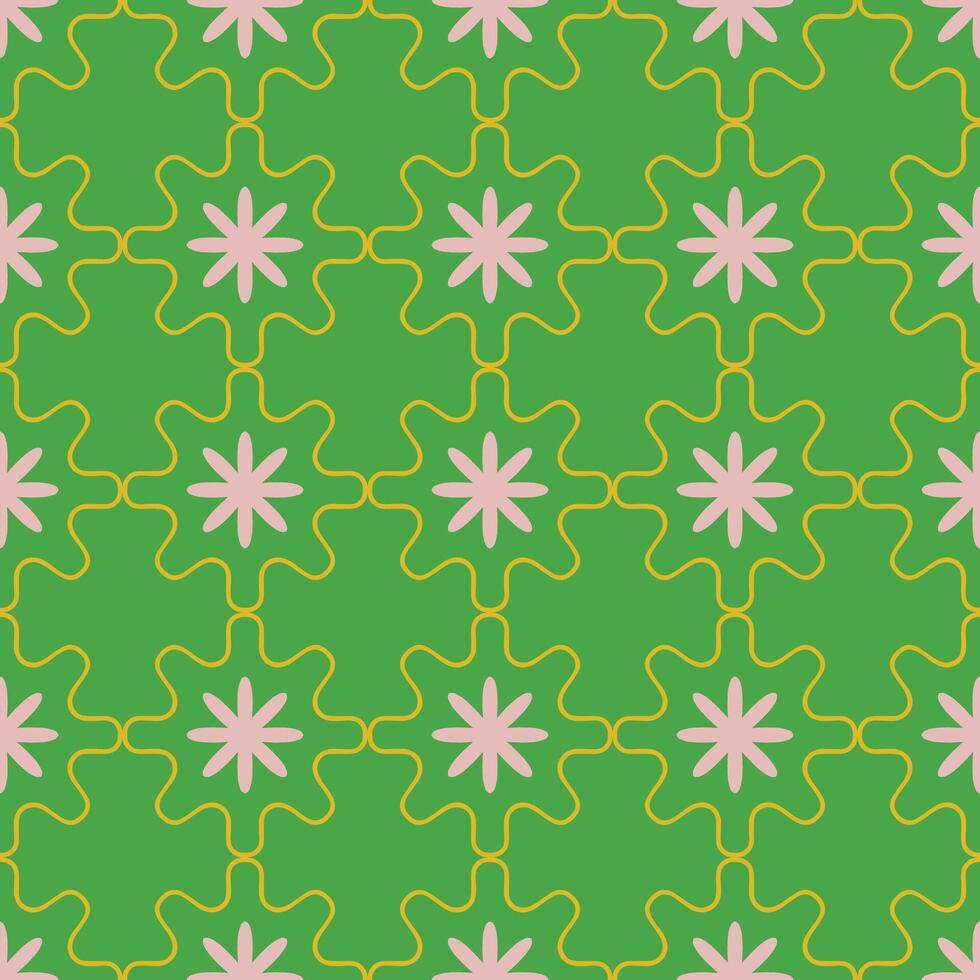 Seamless floral pattern with abstract star-shaped flowers, connected by geometric lines on a bold green background vector