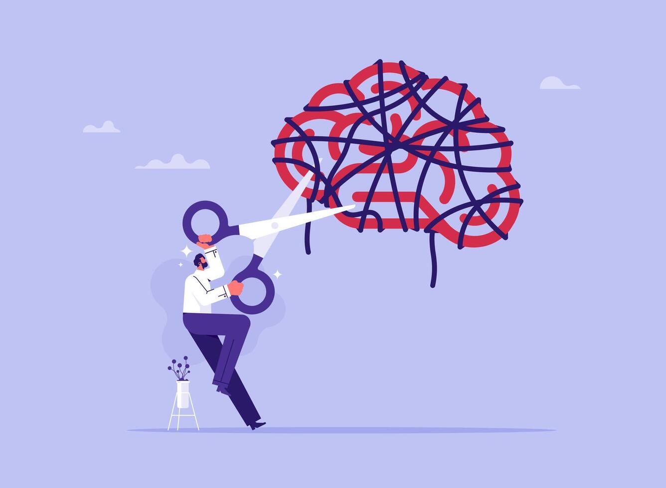 Businessman cutting stress string around brain with scissors, stress elimination from busy work or toxic environment concept vector
