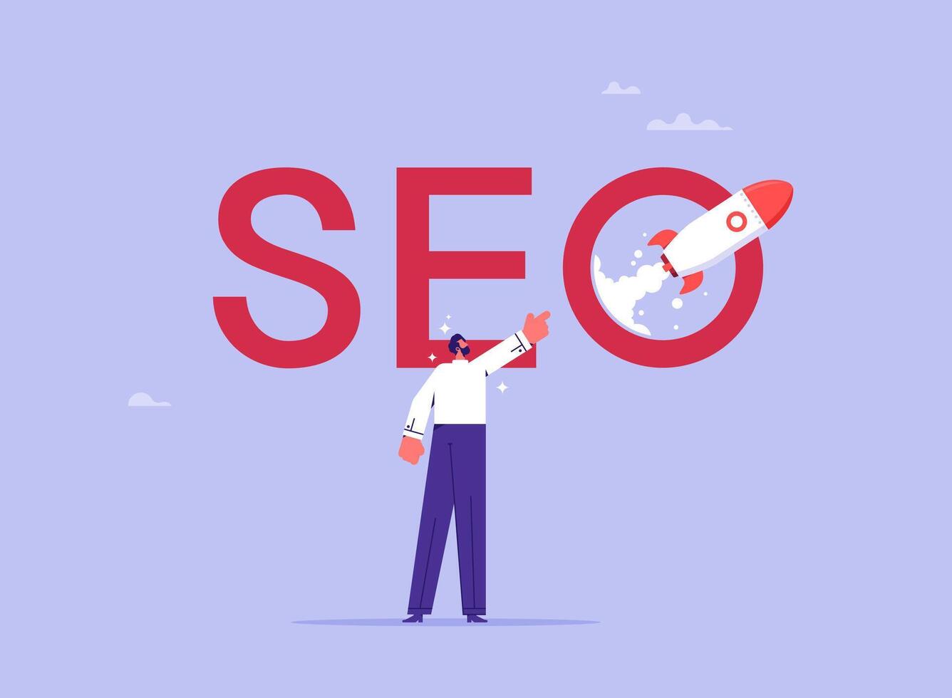Concept of SEO search engine optimization, new business project startup and rocket vector